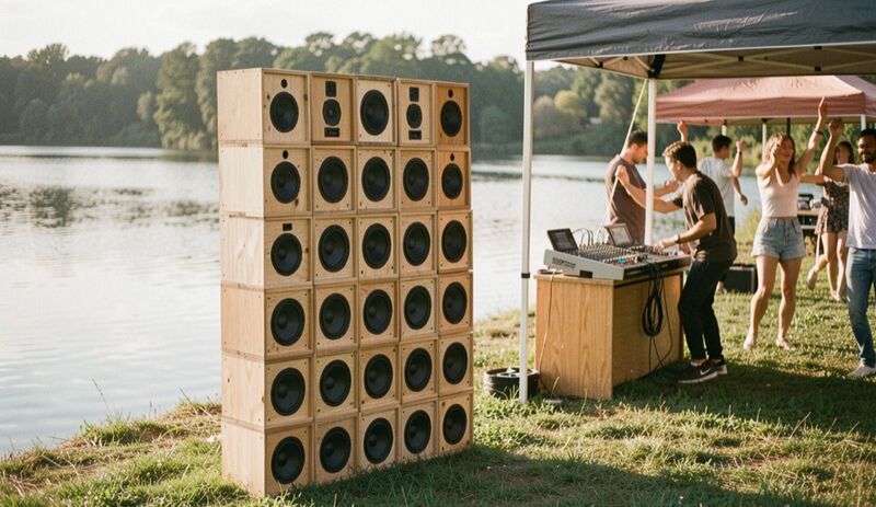 Un muro di casse in legno costruite a mano sul prato accanto a un lago, un selector al mixer sotto un gazebo e persone che ballano nel sole del tardo pomeriggio