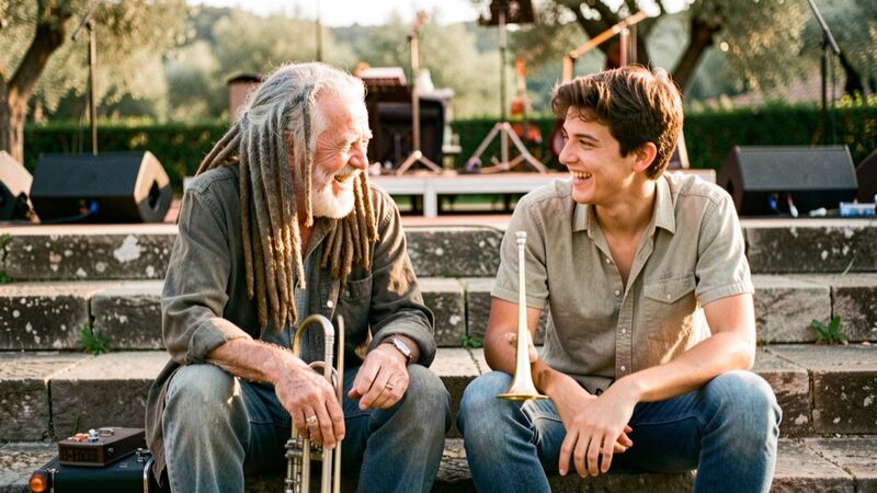 Un musicista anziano con i dreadlocks grigi e un ragazzo ridono seduti sui gradini di pietra dietro un palco all'aperto, una tromba appoggiata sulle ginocchia, nella luce calda del tardo pomeriggio