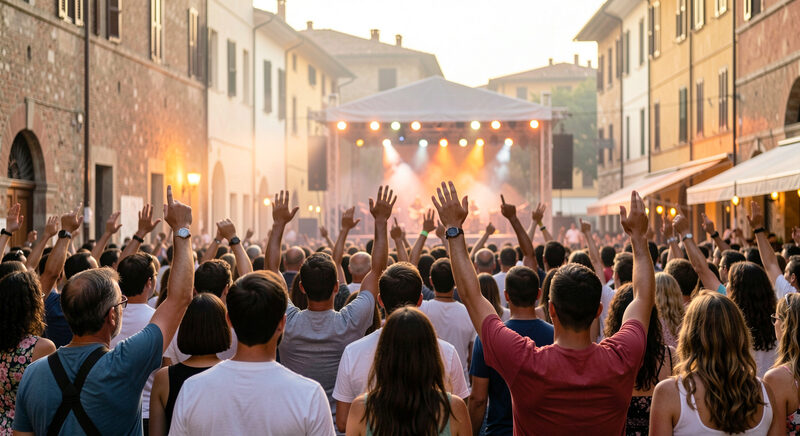 Une foule de concert vue de dos au crepuscule avec des lumieres de scene chaudes et des mains levees devant une scene de festival italien