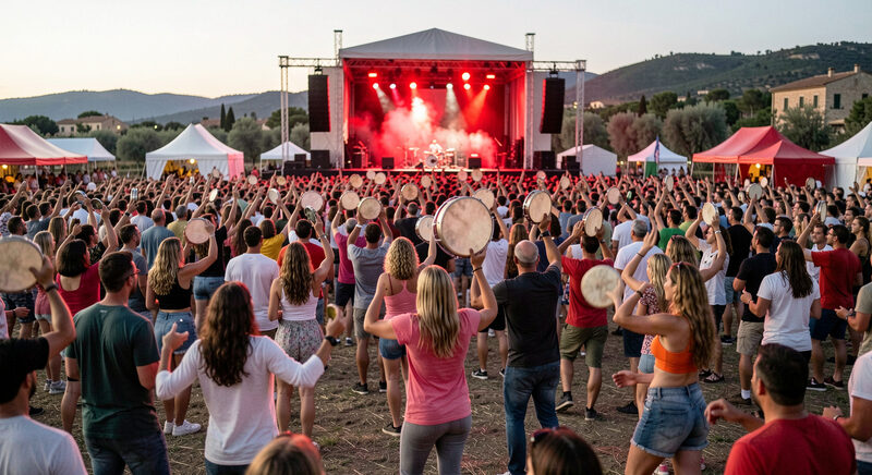 A huge nighttime crowd dancing in a village square with festive lights and a large stage.