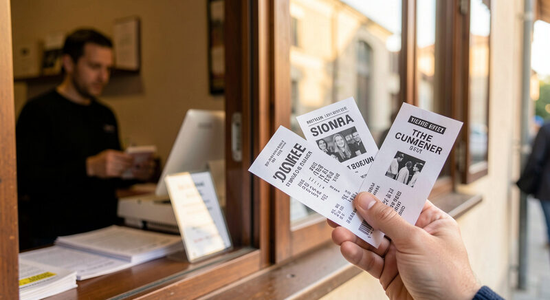 A row of printed concert tickets and a smartphone showing a QR code on a wooden cafe table.