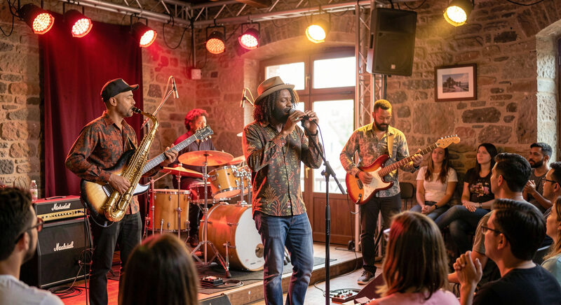 A reggae sound system speaker stack outdoors at dusk with string lights and a small dancing crowd in a southern Italian courtyard.